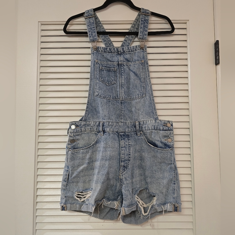 H&M - Distressed Denim Jean Overalls Romper Shorts With Pockets